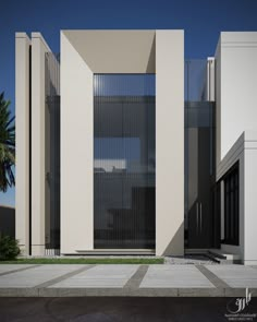 an architectural rendering of a modern building with large windows and vertical lines on the facade