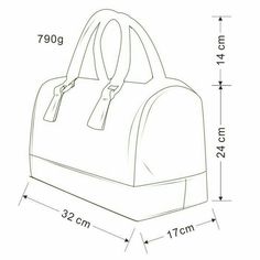 a drawing of a handbag with measurements for the front and back handles, side view