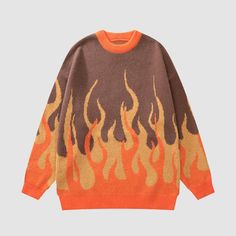 Features: Unisex Relaxed fit Round neck Knitted construction Ribbed sleeve cuffs and bottom hem Material: polyester. cotton Fire Graphic, Aesthetic Sweaters, Blue Flame, Y2k Sweater, Graphic Sweaters, Blue Flames, 31 Days, Streetwear Y2k, Knitted Pullover Sweaters