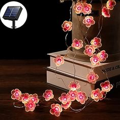 pink flowers on top of a stack of books with string lights attached to the ends