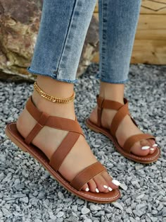 Brown  Collar     Embellished   Women Shoes Fancy Sandals, Women Flat Sandals, Fashion Shoes Sandals, Shoes And Sandals, Brown Sandals, Womens Sandals Flat, Fashion Flats, Flat Shoes, Shoes Women