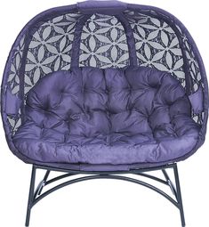 a purple chair with an intricate design on the back and seat cushion is sitting in front of a white background