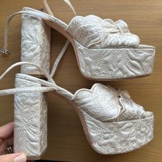 These Are Sold Out Everywhere In Cream! Loeffler Randall Isabel Cream Quilted Satin Platform Size 8 Worn For Rehearsal Dinner, So Comfy And Beautiful! Perfect For A Bride To Be 70s Bridal Shoes, Comfy Bride Shoes, Designer Heels For Spring Wedding, Designer Spring Wedding Heels, Wedding Platform Shoes, Wedding Heels For Bride, Platform Wedding Shoes, Vintage Wedding Shoes, White Platform Heels