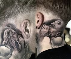 a man with tattoos on his neck and behind the ear is an image of two women kissing