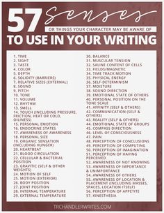 a poster with some writing on it that says,'55 things your character may be aware of to use in your writing