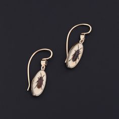 Add a touch of intrigue to any ensemble with these unique insect earrings! To create these earrings, our jeweler carefully cut antique shibayama game pieces (circa 1880) into an oval shape, mounted them in 14k gold, and added 14k ear wires and sapphire surmounts. Each earring measures 1 inch from the top of the ear wire to bottom by 0.3 inches wide, and they are in excellent condition. Materials: Sapphire, Gold. Collectible Oval Matching Earrings, Oval Matching Earrings For Collectibles, Victorian Oval Earrings For Collectors, Collectible Victorian Oval Earrings, Antique Brass Oval Earrings, Antique Oval Brass Earrings, Victorian Oval Pierced Earrings, Victorian Jewelry With Oval Matching Earrings, Antique Oval Earrings