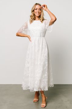 Arabella Embroidered Tulle Maxi Dress | White Bridal Fits, Modest White Dress, Classy Clothing, Dancing Dress, Tulle Maxi Dress, Tulle Material, Maxi Dress White, Tulle Sleeves, Baltic Born