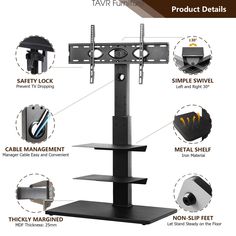 Home Tabletop TV Stand Glass TV Stand AV Shelf Mobile TV Cart Wood TV Stand Product Features Swivel for Better Viewing Angle This swivel TV stand can be swiveled from -30° to +30°, you can easily swivel your TV to a better viewing angle. Height Adjustable Universal TV Stand Offers 6 installation heights,adjustable from 44" to 56", you can choose the height according to your TV size or the viewing height you prefer. Adjustable Shelf Metal shelf with height adjustable feature can storage your AV equipment and gaming console. Cable Management to Keep Tidy This universal TV stand enables you to hide the wires without going through the wall and making holes. Storage Area 2-Tiers shelf suitable DVD players, DVRs, HD recorders, Cable TV Boxes and so on. Thick Base Our base is made of 25.36mm wood Tv Stand Glass, Floor Tv Stand, Tabletop Tv Stand, Floor Tv, Glass Tv Stand, Tv Cart, Swivel Tv Stand, Swivel Tv, Wood Tv Stand