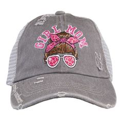 a gray trucker hat with pink bows and sunglasses embroidered on the front, says girl mom