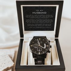 Present the special person in your life with this meaningful message card watch piece. Our message card watches are unlike any others; offering premium time pieces, high quality message cards printed on thick card stock and packaged in luxury wooden boxes. The perfect unique and authentic gift. CHRONOGRAPH WATCH * Stainless Steel * Luxury Copper Dial * Quartz Movement * Water-Resistance Rating: 3ATM (30m/100ft) * Face Diameter: 1.5" (38.1mm) * Watch Strap: 7" (177.8mm) * Adjustable Clasp: 3" (76.2mm) OUR PACKAGING * Luxury Box: Wood box with hinge opening and an elegant LED light to better feature the jewelry piece and message card. This box is the perfect keepsake and is included with every watch purchase. * Gift Bag: This is an OPTIONAL add-on with a satin bow tie, perfect for tying the Husband Wedding Gift, Gift For Husband Christmas, Luxury Wooden Boxes, Husband Christmas Gift, Gift For Fiance, Gift Luxury, Message Cards, Christmas Gift For Him, Wedding Day Gifts