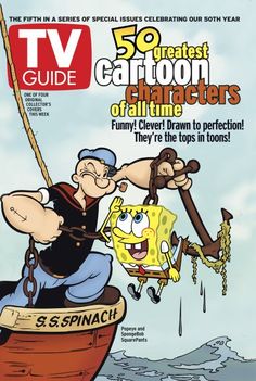 the cover of tv guide magazine with cartoon characters in boat and man on top of boat