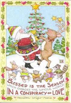 a christmas card with santa claus and other animals