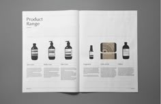 an open magazine with different bottles on the cover and in it's pages, which are labeled product range