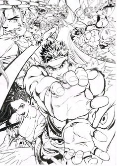 an ink drawing of the characters from street fighter