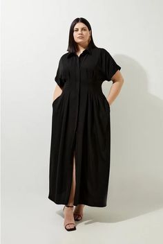 Plus Size Viscose Linen Woven Pintuck Midi Dress | Karen Millen Plus Size Business Dress, Semi-formal Black Belted Midi Dress, Belted Short Sleeve Maxi Dress For Work, Short Sleeve Belted Maxi Dress For Work, Workwear Maxi Dress With Belted Cuffs, Maxi Length Shirt Dress For Work, Workwear Maxi Dress With Tie Waist, Relaxed Fit Midi Dress For Workwear, Fall Workwear Maxi Dress With Short Sleeves