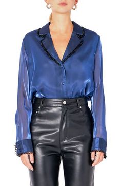 This night-out satin shirt is elevated with lapel-trimmed beading and sheer organza sleeves. Front button closure Notched collar Long sleeves Lined 100% polyester Hand wash, dry flat Imported Organza Sleeves, Satin Shirt, Beaded Trim, Notched Collar, Shirt Sleeves, Sleeve Shirt, Beading, Night Out, Top Shirt