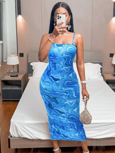 Baby Blue Elegant Collar Sleeveless Fabric Marble Cami Embellished Slight Stretch Summer Women Clothing Mirror Picture Poses, Grown Woman Era, Bachelorette Brunch, Cami Bodycon Dress, Printed Casual Dresses, Mesh Bodycon Dress, Cars Design, Marble Print, Women Midi