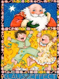 two pictures of santa claus and his children