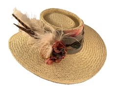 "Large Brim Gambler W/Vintage Floral Scarf -#1445 Large brim Gambler hat with Vintage Floral scarf band around the crown with French Blue, Mauve and ivory flowers with ostrich feathers and an ostrich plume. SIZE: Medium, 22\" - 22 1/2\" inches for the head circumference. Hat sizing can be provided if you need to make it fit a smaller. Please message me. You must measure your head to make sure the hat will fit. Hat will be made for you after you place your order. Therefore, it will take about 2 t One Size Fedora For Kentucky Derby And Country Events, Brown Top Hat For Kentucky Derby And Country Events, Kentucky Derby Fedora For Country Events, Vintage Handmade Hats For Country Events, Top Hat For Kentucky Derby And Country Events, Country Style Adjustable Boater Hat For Kentucky Derby, Adjustable Country Style Boater Hat For Kentucky Derby, Vintage Fedora Hats For Country Events, Flat Brim Country Style Hat For Kentucky Derby