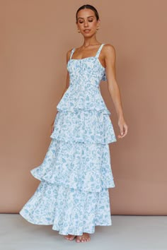 Provence Bloom Tiered Midi Dress Floral Blue Midi Dress Floral, Selfie Leslie, Tiered Midi Dress, Tiered Maxi Dress, Hoco Dresses, Blue Midi Dress, Maxi Dress Blue, Sleeveless Maxi Dress, Dress Floral