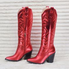 Berness | Shoes | Electric Cowboy Brush Metallic Matte Western Knee High Cowgirl Boots Red | Poshmark Red Metallic Cowboy Boots, Red High Heel Winter Boots, Fall Red High Heel Mid-calf Boots, Red High Heel Mid-calf Boots For Fall, Western Style Red Mid-calf Boots For Fall, Red Mid-calf Boots With Round Toe For Winter, Red Round Toe Mid-calf Boots For Fall, Red Mid-calf Boots For Winter Party, Red Winter Mid-calf Boots For Party