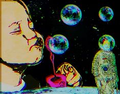 a man blowing bubbles in the air with another person watching from space behind him and an alien like creature on the other side