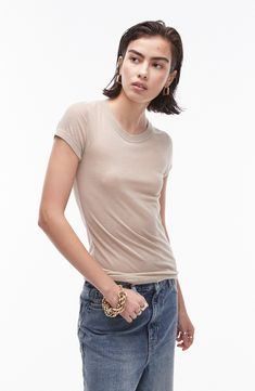 Sheer jersey lightens the look of a shrunken, full-length T-shirt made for layering or wearing solo. Crewneck Short sleeves 50% viscose, 50% polyester Machine wash, line dry Imported Fabric Gift Bags, Nordstrom Store, Fabric Gifts, Anniversary Sale, Free Fabric, Full Length, Layering, Topshop, Short Sleeves