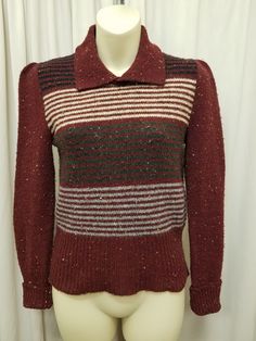 Vintage 1970s Karl Logan Cookies Burgundy Sweater Shirt Top, Acrylic Wool, Striped, Patterned Pullover.  Top is in excellent condition - (see pics)! Measurements: shoulder to shoulder 14 in, chest 33 in, sleeves 21, back of neck to bottom length 22, waist 28 stretch to 34 in. Vintage Wool Sweater, Fitted Long Sleeve Vintage Sweater, Vintage Burgundy Tops For Fall, Vintage Brown Tops For Winter, Vintage Brown Top For Winter, 70s Sweater, College Sweater, Burgundy Sweater, Pullover Outfit