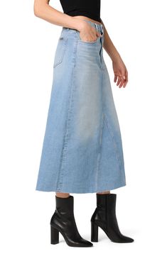 A light wash brings lived-in appeal to a stretch-denim skirt cut to an on-trend midi length. 32 1/2" length Zip fly with button closure Five-pocket style 94% cotton, 5% recycled cotton, 1% elastane Machine wash, tumble dry Imported Spring Medium Wash Denim Skirt With Five Pockets, Casual Medium Wash Denim Skirt With Five Pockets, Light Wash Knee-length Bottoms For Spring, Knee-length Light Wash Bottoms For Spring, High Rise Washed Denim Skirt, Spring Denim Blue Skirt With Five Pockets, Denim Skirt For Spring, Spring Faded Denim Skirt With Frayed Hem, Fitted Washed Blue Denim Skirt For Spring