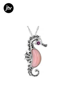 15x7mm fancy shape cabochon Peruvian pink opal and .15ct 3mm round rhodolite garnet rhodium over sterling silver seahorse pendant with singapore chain. Measures approximately 1 1/2"L x 13/16"W. 4mm bail. Lobster Claw Clasp.  Oxidized finish. 2" Extender. Unique Pink Jewelry With Gemstone Accents, White Gold Jewelry With Gemstone Accents For Gifts, Opal Cabochon Jewelry Gift, Opal Cabochon Jewelry For Gift, Silver Opal Gemstone Jewelry, Silver Opal Birthstone Jewelry, Silver Opal Fine Jewelry, Elegant Silver Jewelry With Pink Opal, Elegant Pink Opal Oval Jewelry