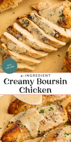 chicken with gravy on top and the words, 4 ingredient creamy boursin chicken