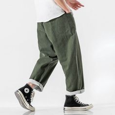 Pokku Pants – Kidoriman Green Courderoy Pants Outfits Men, Ankle-length Cotton Jeans With Side Pockets, Casual Green Jeans With Hip Pockets, Casual Spring Chinos With Cargo Pockets, Green Baggy Cotton Jeans, Casual Straight Leg Khaki Harem Pants, Casual Khaki Straight Leg Harem Pants, Khaki Cargo Style Jeans For Summer, Khaki Cargo Jeans For Summer