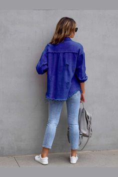 This Distressed Drop Shoulder Denim Jacket is expertly crafted for a stylish and comfortable fit. Made with high-quality denim, this jacket boasts durability and a timeless look. The drop shoulder design adds a modern twist to a classic style. Perfect for any casual or dressy occasion, this jacket is a must-have for any fashion-forward individual. Features: Fringe Stretch: No stretch Material composition: 65% cotton, 35% polyester Care instructions: Machine wash cold. Tumble dry low. Imported Pr Denim Blue Washed Shacket For Fall, Distressed Denim Blue Cotton Outerwear, Dark Wash Cotton Shacket For Fall, Dark Wash Cotton Shacket For Spring, Spring Dark Wash Cotton Shacket, Spring Cotton Dark Wash Shacket, Spring Cotton Shacket In Dark Wash, Ripped Long Sleeve Cotton Outerwear, Distressed Washed Blue Long Sleeve Outerwear