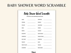 a baby shower word scramble is shown with the words in black and white