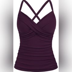 Hilor Women's Underwire Tankini Top Swimwear In Deep Merlot Twist V Neck Swimsuits Tummy Control Top Only Never Worn Fitted Cami Swimwear With Built-in Bra, Fitted Purple Tank Top With Built-in Bra, Fitted Sleeveless Swimwear With Medium Bust Support, Sleeveless Stretch Tankini With Medium Bust Support, Sleeveless Tankini With Medium Bust Support For Summer, Stretch Sleeveless Tankini With Medium Bust Support, Fitted Elastane Tankini Bra Friendly, Fitted Bra-friendly Tankini, Elegant Tops With Crisscross Straps And Stretch