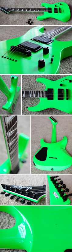 the green guitar body is being worked on