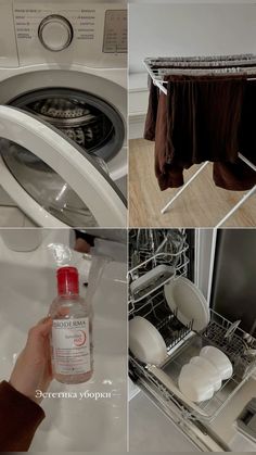 there are pictures of washing machines and dishes in the same photo, one is holding a dishwasher