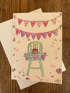 two greeting cards, one with a chair and the other with a cake on it