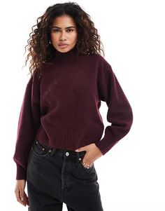 Monki knitted turtleneck sweater in burgundy | ASOS Burgundy Knit Sweater Outfit, Fall High Neck Sweater For Work, High Neck Sweater For Workwear In Fall, High Neck Fall Sweater For Work, High Neck Sweater For Fall Workwear, Cozy Fit Turtleneck For Fall Layering, Fall Cropped Crew Neck Sweater With Ribbed Collar, Ribbed Collar High Neck Sweater, High Neck Sweater With Ribbed Collar For Layering