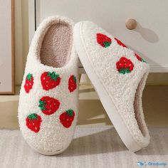 Orcajump - Cozy and Adorable Cartoon Strawberry Winter Cotton Slippers with Thick Sole for Warmth and Comfort at Home Cartoon Strawberry, Cotton Slippers, Adorable Cartoon, Suede Shoes, Fashion Set, Heel Height, At Home, Slippers, Heels