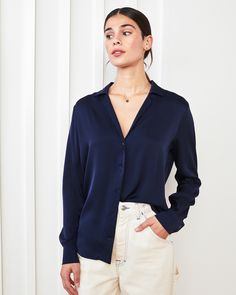 Take your collared look up a notch. We made this notch collar blouse with a relaxed, slim fit with a clean and crisp look for an everyday appeal. Perfectly made to be layered or worn solo. Plus, silk fiber contains 18 kinds of amino acids that make it amazing for skin nourishment, hypo-allergenic, and naturally thermoregulating to help maintain body temperature. Also offered in sizes 1X-3X.  | Quince | Women's 100% Washable Silk Stretch Notch Collar Blouse in Navy,  Size XL Silk Fiber, Sustainable Wardrobe, Fabric Structure, Silk Tank, Notch Collar, Versatile Dresses, Body Temperature, Wardrobe Style, Beautiful Blouses