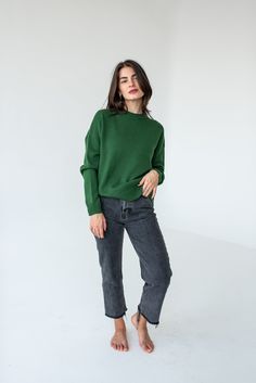 Green merino wool sweater for women, Stylish casual loose knit crew neck sweater by TulipKnitAtelier on Etsy Green Cashmere Sweater With Ribbed Cuffs, Classic Green Sweater With Ribbed Cuffs, Green Cashmere Winter Sweater, Casual Green Cashmere Sweater, Classic Green Wool Sweater, Green Cashmere Long Sleeve Sweater, Green Long Sleeve Cashmere Sweater, Green Sweater With Ribbed Cuffs For Work, Green Sweater For Work