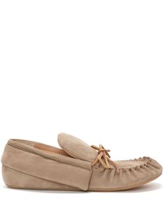 taupe suede branded footbed front lace-up fastening round toe flat sole Car Shoe, Suede Moccasins, Formal Loafers, Brown Flats, Crossbody Tote Bag, Tassel Loafers, Jw Anderson, Crossbody Tote, Leather Loafers