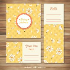 three postcards with daisies and polka dots on yellow paper, one has a white circle