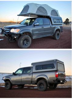 two pictures of a truck with a tent on top