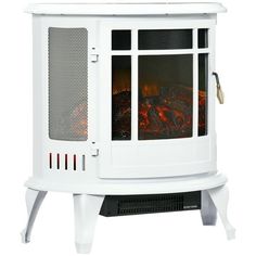 a white stove with an open door and fire in it's side, isolated against a white background