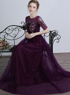 Dark Purple 1/2 Sleeves Tulle with Sequins Applique Party Dress, Purple Long Formal Dress Short Sleeve Tulle Gown For Banquet, Purple Organza Party Dress, Purple Dresses For Banquet And Prom Season, Party Purple Organza Dress, Purple Tulle Bridesmaid Evening Dress, Short Sleeve Tulle Party Dress, Short Sleeve Tulle Skirt Party Dress, Fitted Tulle Gown For Banquet, Purple Floor-length Dress For Banquet