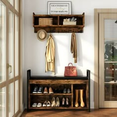 a wooden bench with shoes and purses on it next to an open door in a white room