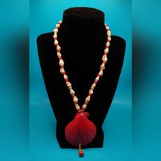 Rubenjuarezdesigns Red Bead Sunset 19" Choker Sm. Cream Shells Sm.Wood Beads Gold Lobster Clasp Red Glass Beads Handmade Red Shell Necklace Gift, Handmade Red Shell Necklace For Gift, Red Bohemian Shell Necklace For Gift, Red Shell Jewelry For Gifts, Red Shell Jewelry As A Gift, Red Shell Jewelry For Gift, Red Bead, Red Glass, Wood Beads