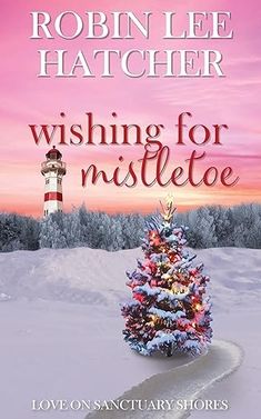 a book cover with a christmas tree in the foreground and a lighthouse on top